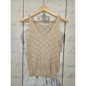 NWT Three Dots Oyster Tan Diamond Pointelle Light Tank Sweater Small NEW